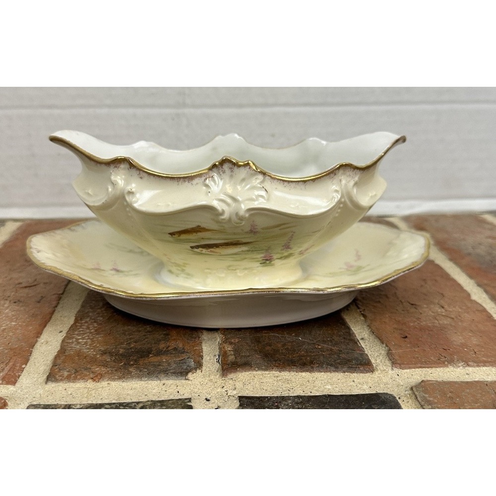 Antique Coronet Limoges Gravy Boat Porcelain Hand Painted Fish Signed France